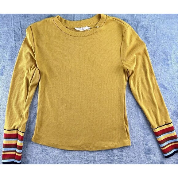 Lush Ribbed T-Shirt Top Women’s Size S Mustard Yellow Striped Cuffs Scoop Neck - Picture 3 of 16